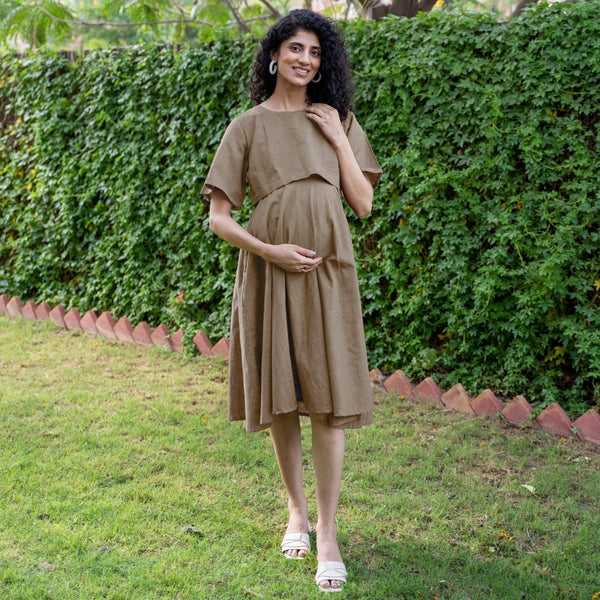 Beige Cotton Flax Fit and Flare Knee Length Pre and Post Maternity Dress