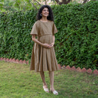 Beige Cotton Flax Fit and Flare Knee Length Pre and Post Maternity Dress