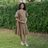 Beige Cotton Flax Fit and Flare Knee Length Pre and Post Maternity Dress