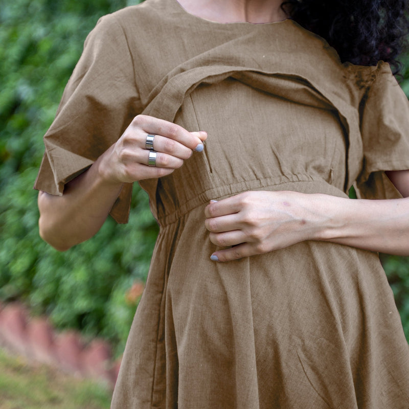 Beige Cotton Flax Fit and Flare Knee Length Pre and Post Maternity Dress