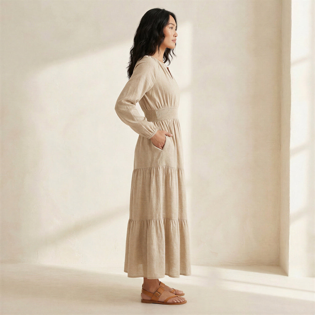 Beige Cotton Flax Fit and Flare Maxi Tier Dress