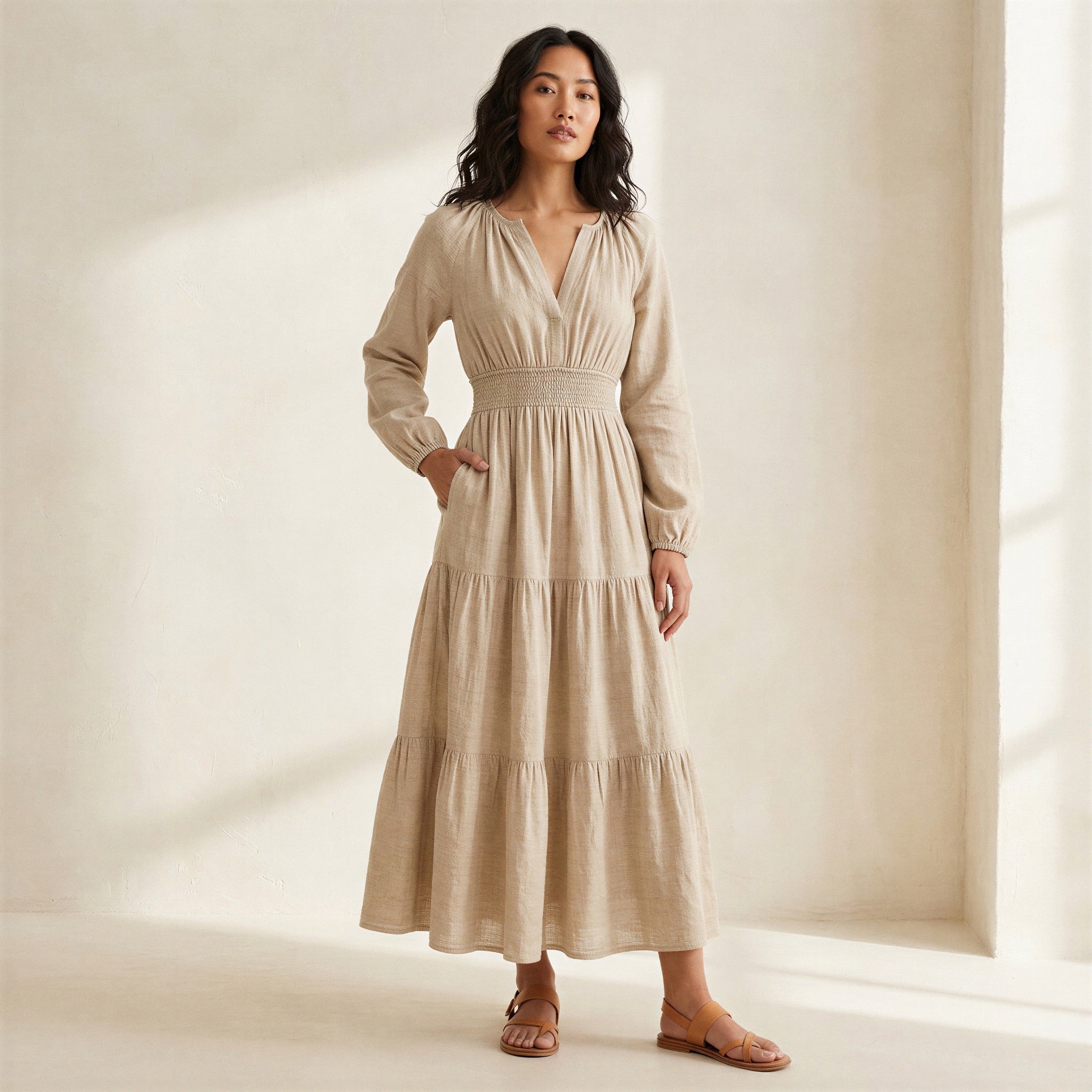 Beige Cotton Flax Fit and Flare Maxi Tier Dress