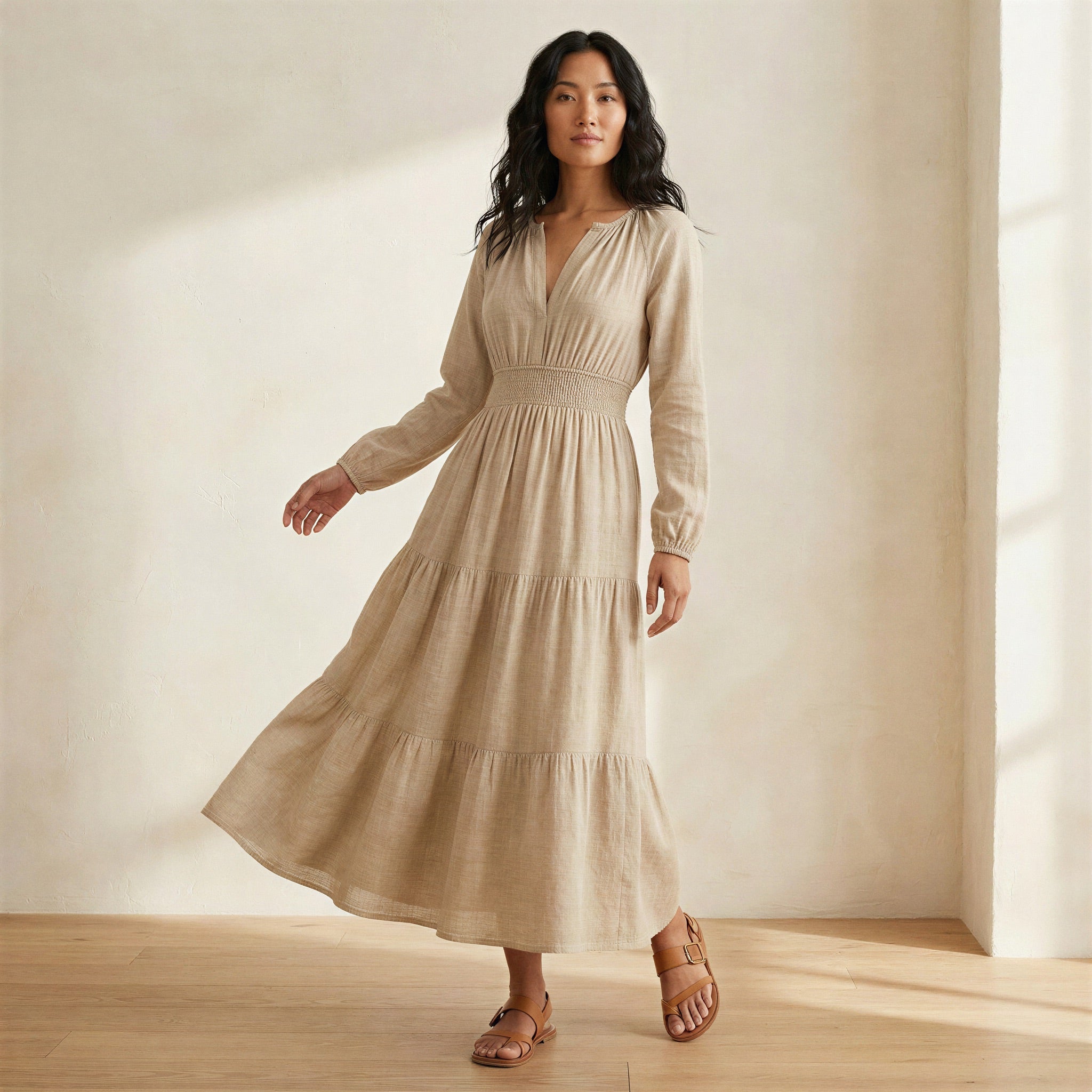 Beige Cotton Flax Fit and Flare Maxi Tier Dress