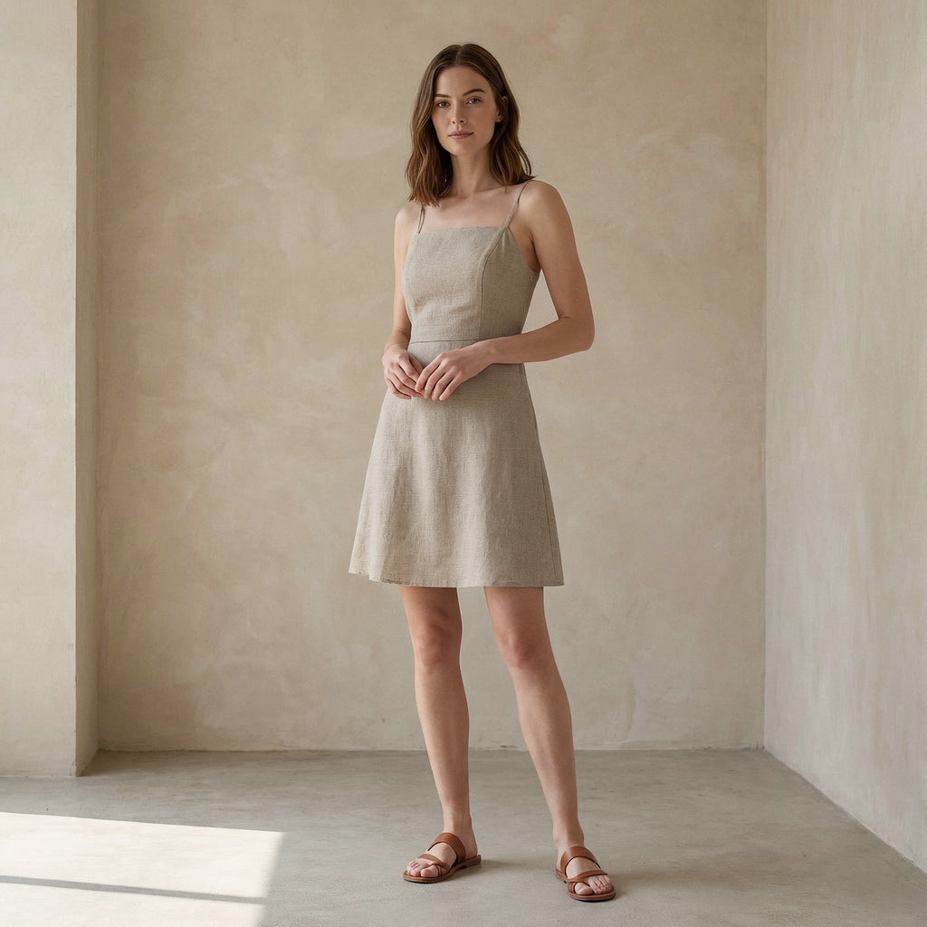 Beige Cotton Flax Fit and Flare Short Dress