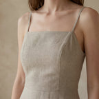 Beige Cotton Flax Fit and Flare Short Dress