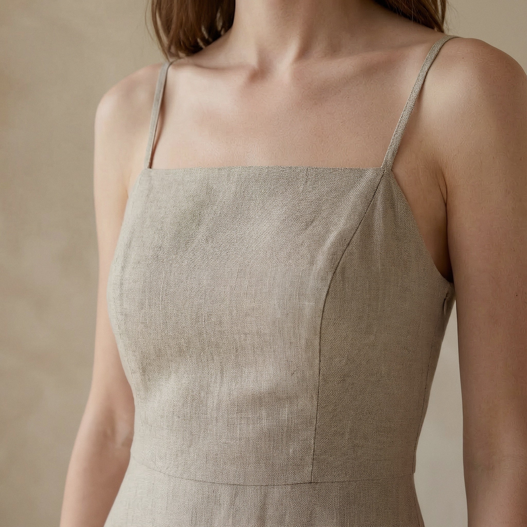 Beige Cotton Flax Fit and Flare Short Dress