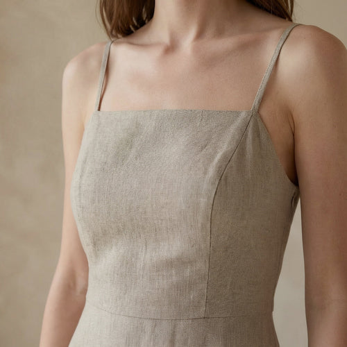 Beige Cotton Flax Fit and Flare Short Dress