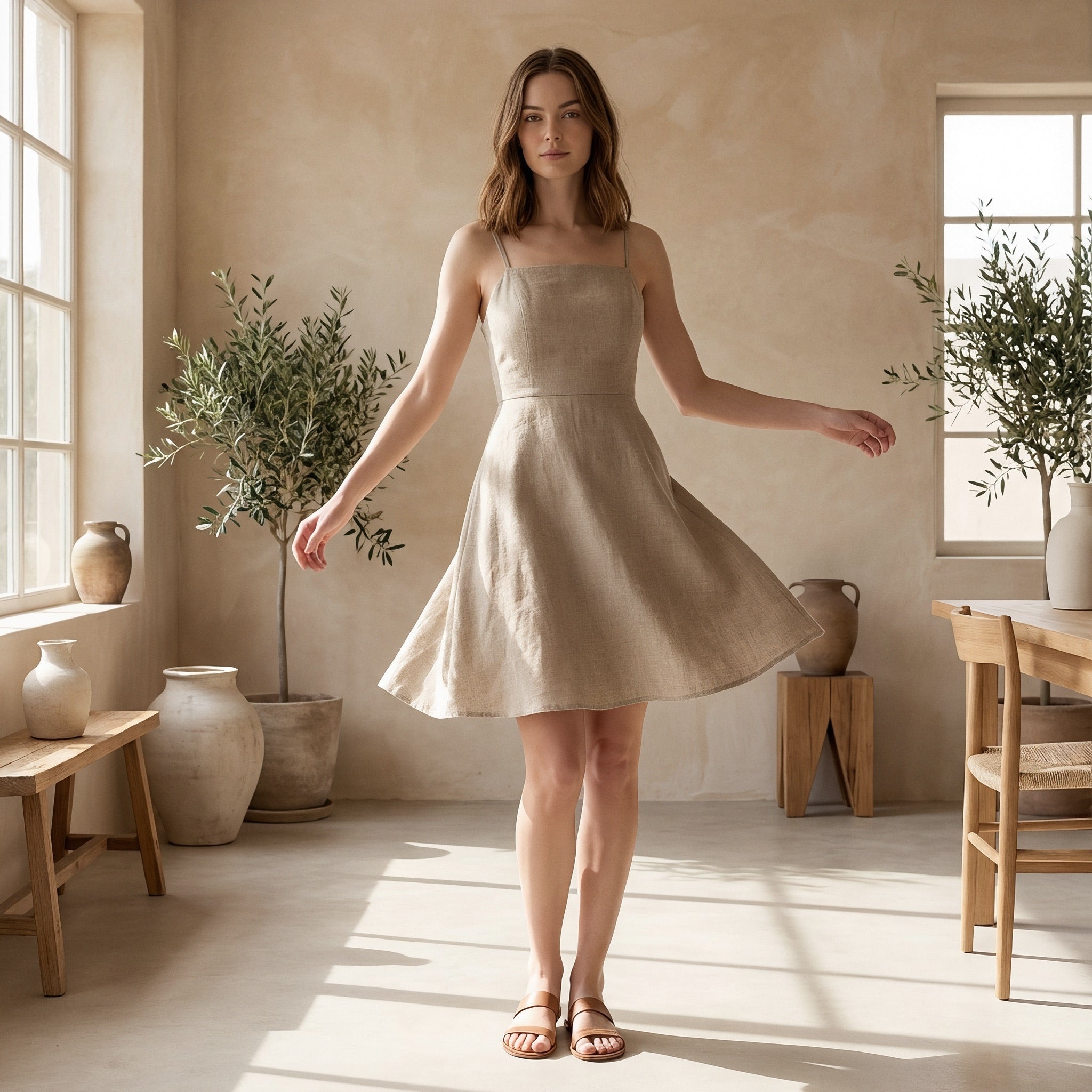 Beige Cotton Flax Fit and Flare Short Dress