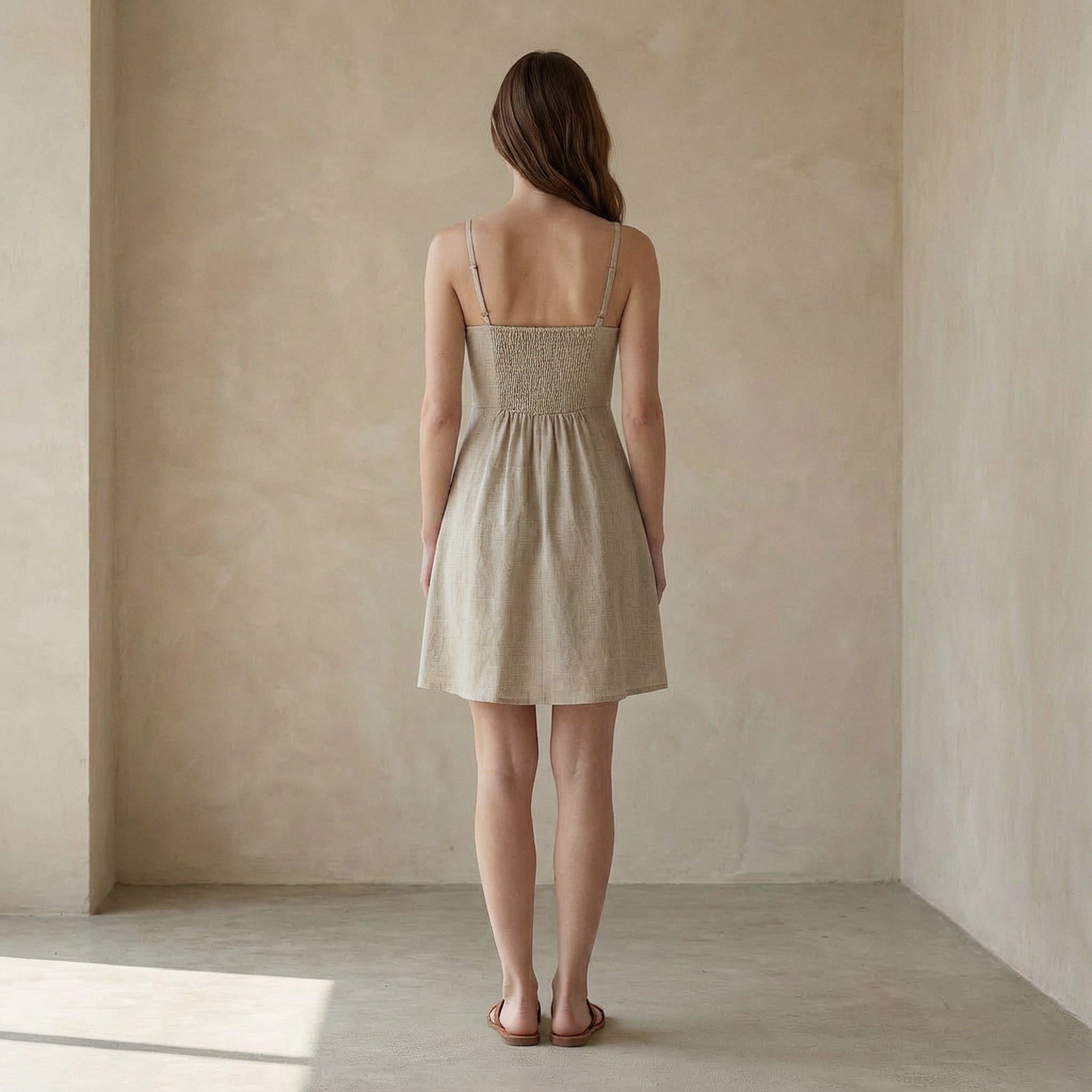 Beige Cotton Flax Fit and Flare Short Dress