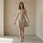 Beige Cotton Flax Fit and Flare Short Dress