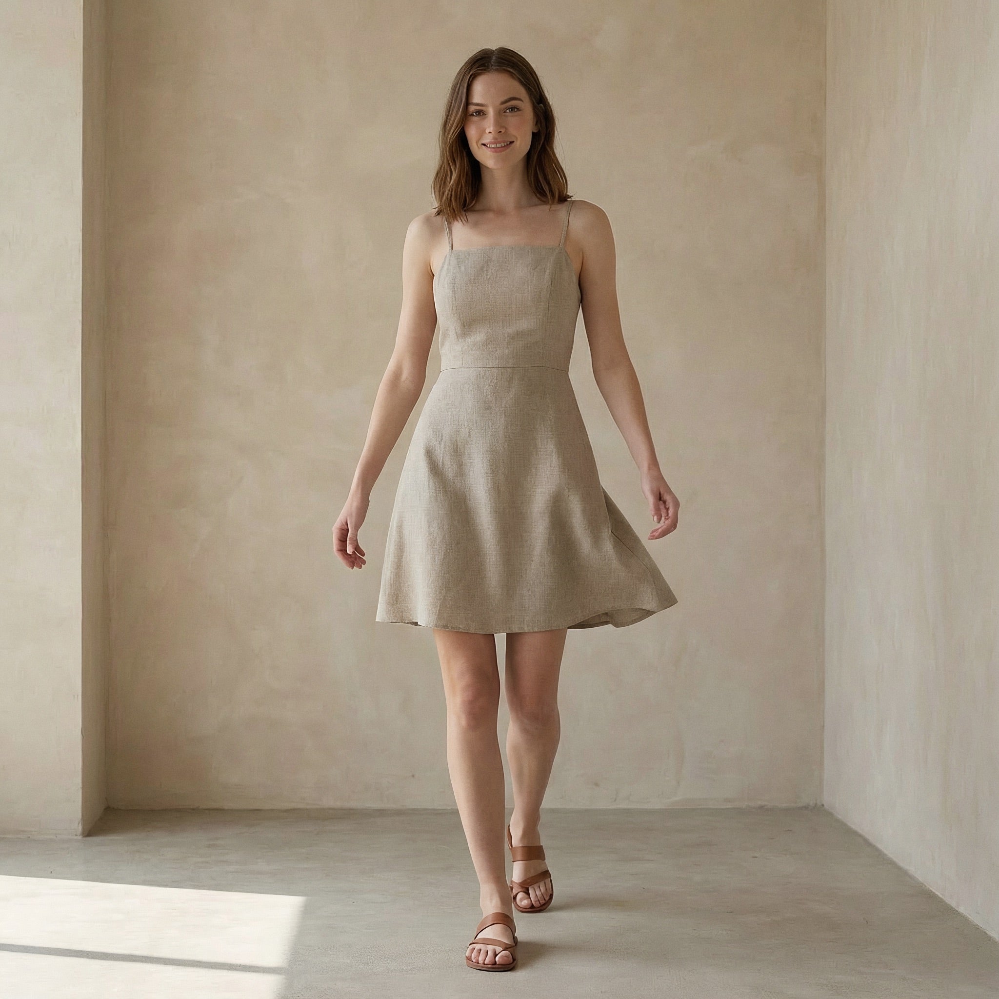 Beige Cotton Flax Fit and Flare Short Dress