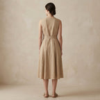 Beige Cotton Flax Fit and Flare Sleeveless Dress