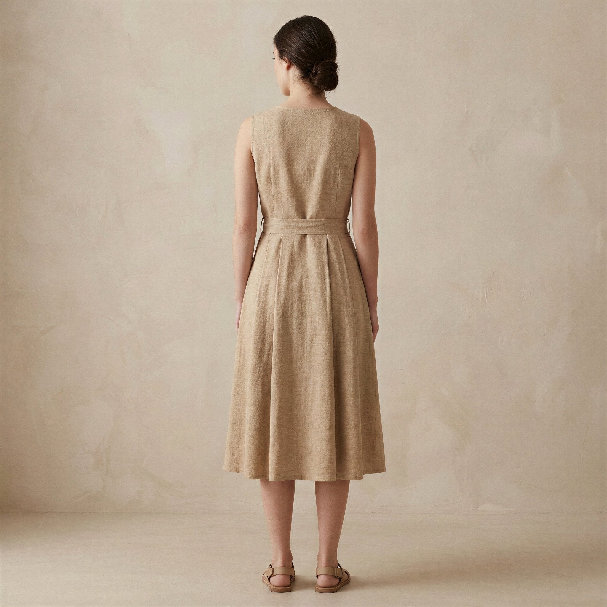 Beige Cotton Flax Fit and Flare Sleeveless Dress