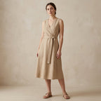 Beige Cotton Flax Fit and Flare Sleeveless Dress