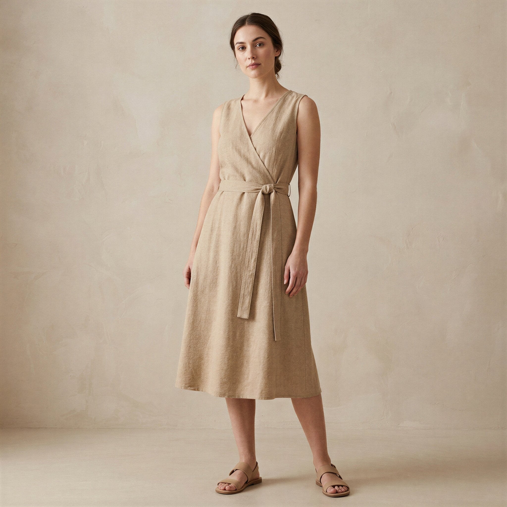 Beige Cotton Flax Fit and Flare Sleeveless Dress