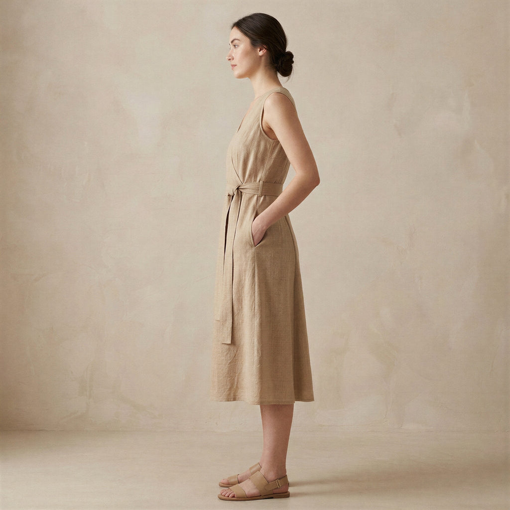 Beige Cotton Flax Fit and Flare Sleeveless Dress