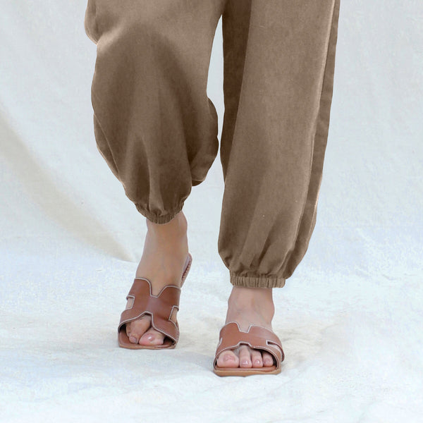 Beige Cotton Flax High-Rise Elasticated Jogger Pant