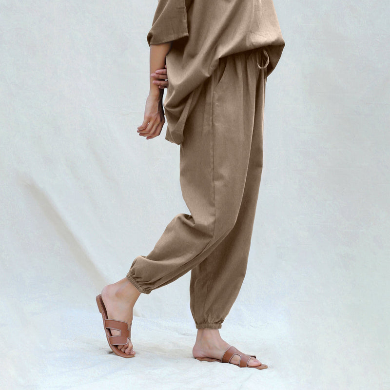 Beige Cotton Flax High-Rise Elasticated Jogger Pant