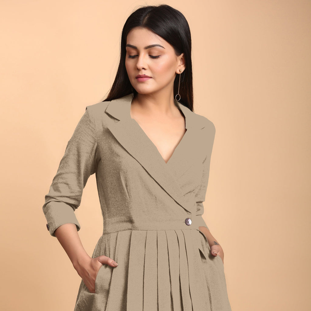 Beige Cotton Flax Notched Collar Midi Pleated Wrap Dress