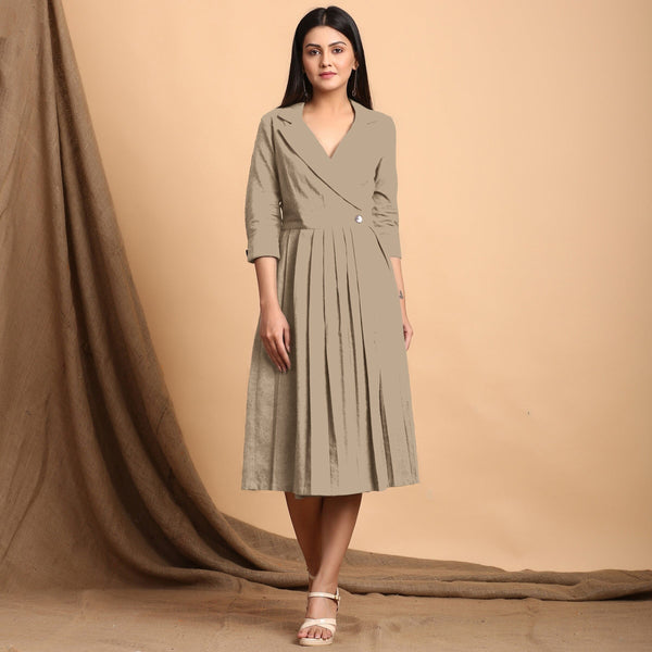 Beige Cotton Flax Notched Collar Midi Pleated Wrap Dress