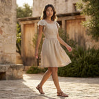 Beige Cotton Flax Open-Back Fit and Flare Knee Length Dress
