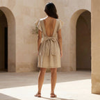 Beige Cotton Flax Open-Back Fit and Flare Knee Length Dress