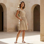 Beige Cotton Flax Open-Back Fit and Flare Knee Length Dress