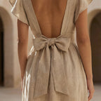 Beige Cotton Flax Open-Back Fit and Flare Knee Length Dress