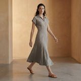 Beige Cotton Flax Paneled A-Line Midi Dress