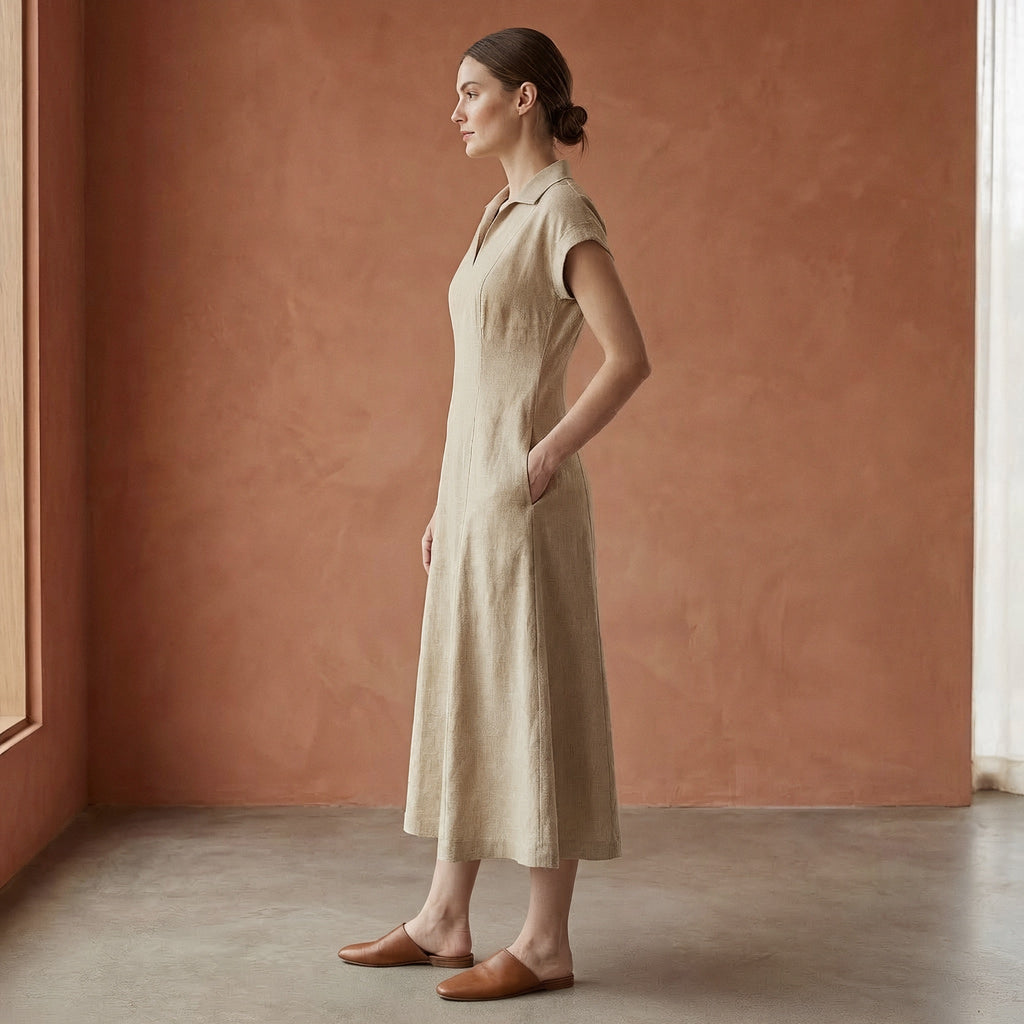 Beige Cotton Flax Paneled A-Line Midi Dress