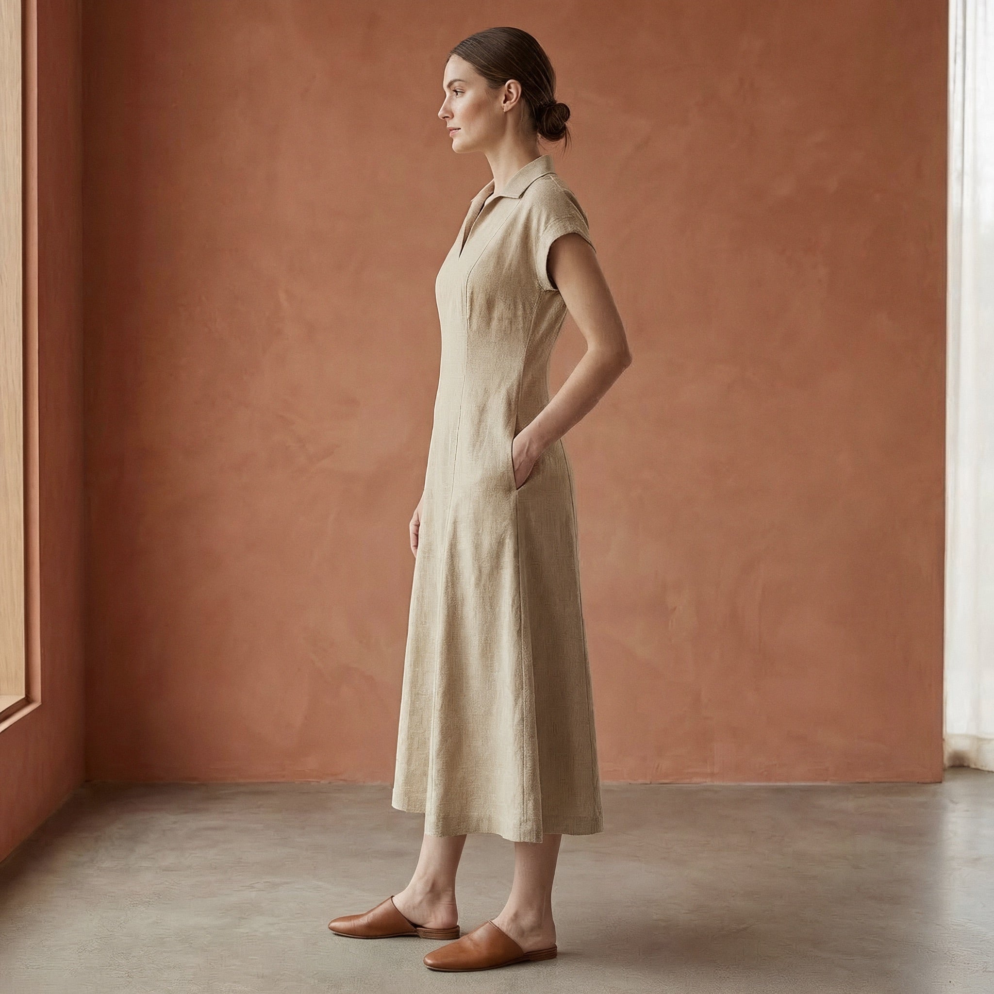 Beige Cotton Flax Paneled A-Line Midi Dress