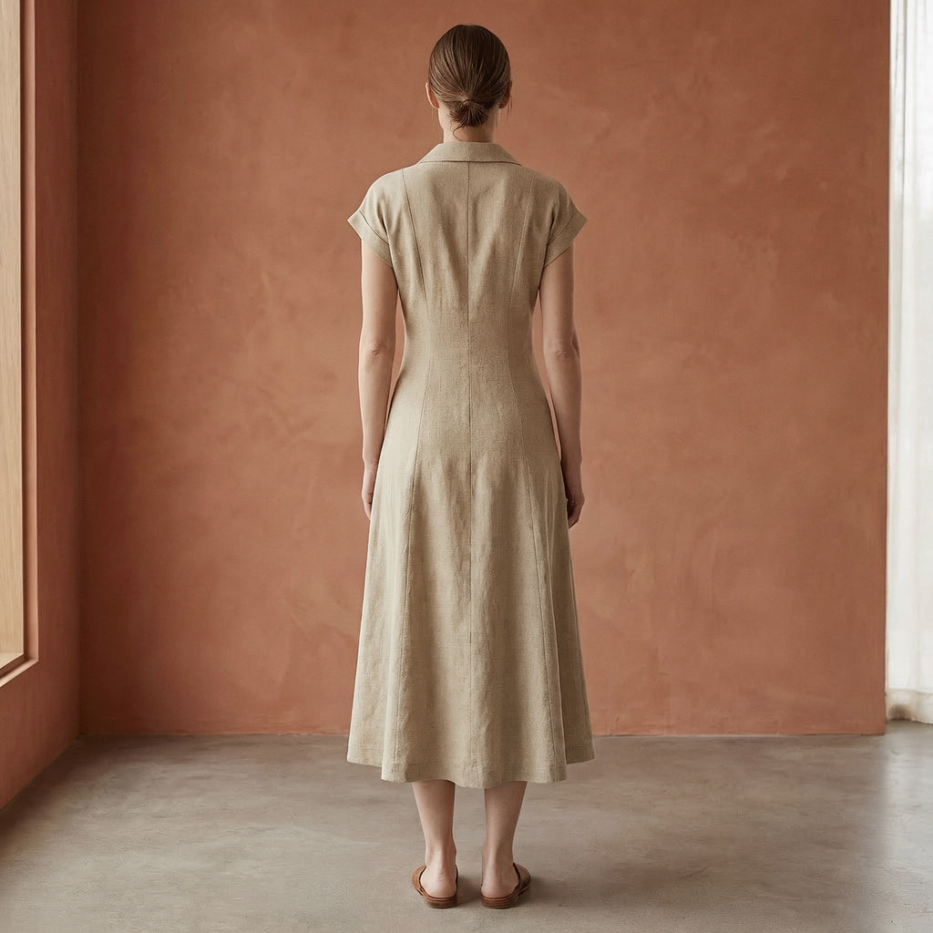 Beige Cotton Flax Paneled A-Line Midi Dress