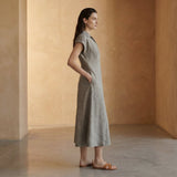Beige Cotton Flax Paneled A-Line Midi Dress