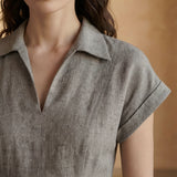 Beige Cotton Flax Paneled A-Line Midi Dress