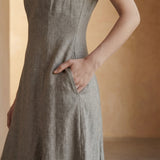 Beige Cotton Flax Paneled A-Line Midi Dress