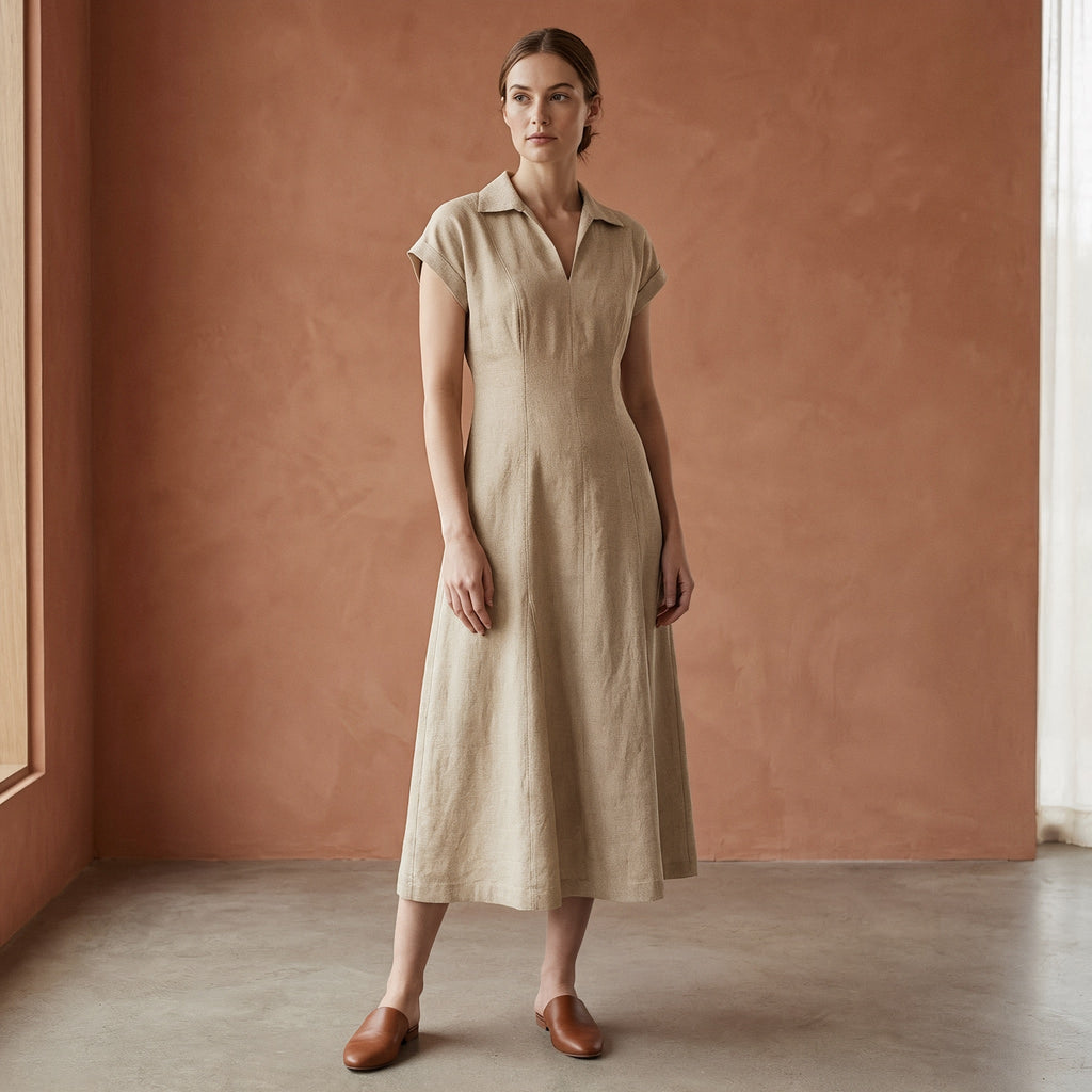 Beige Cotton Flax Paneled A-Line Midi Dress