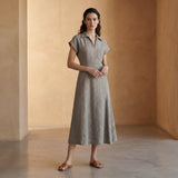 Beige Cotton Flax Paneled A-Line Midi Dress