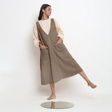 Beige Cotton Flax Paneled Midi Shift Dress