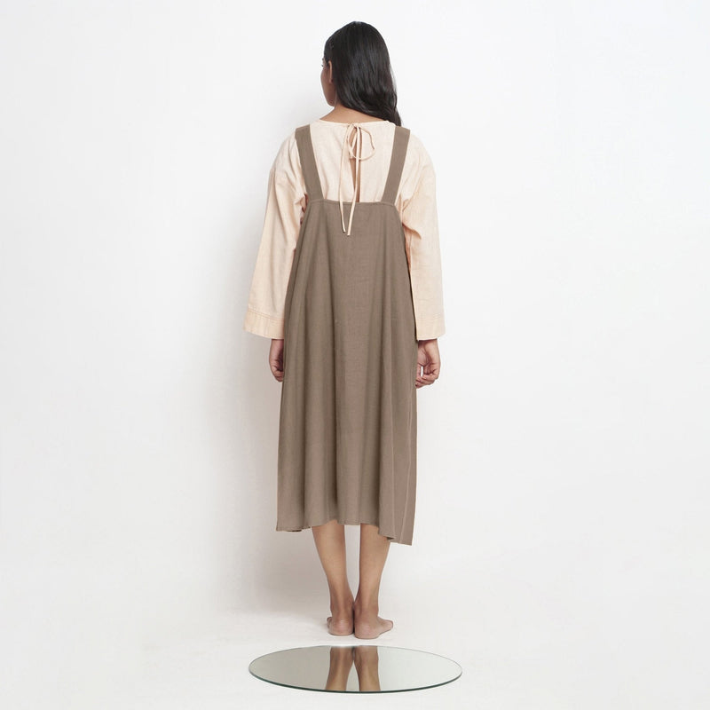 Beige Cotton Flax Paneled Midi Shift Dress
