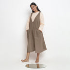Beige Cotton Flax Paneled Midi Shift Dress