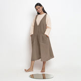 Beige Cotton Flax Paneled Midi Shift Dress