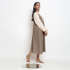 Beige Cotton Flax Paneled Midi Shift Dress