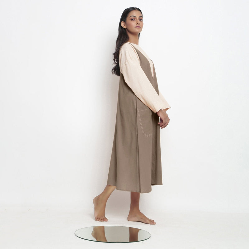 Beige Cotton Flax Paneled Midi Shift Dress