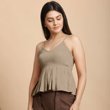 Front View of a Model wearing Beige Cotton Flax Slim Fit Pleated Camisole Top