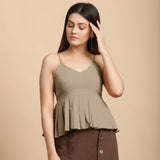 Front View of a Model wearing Beige Cotton Flax Slim Fit Pleated Camisole Top