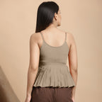 Back View of a Model wearing Beige Cotton Flax Slim Fit Pleated Camisole Top