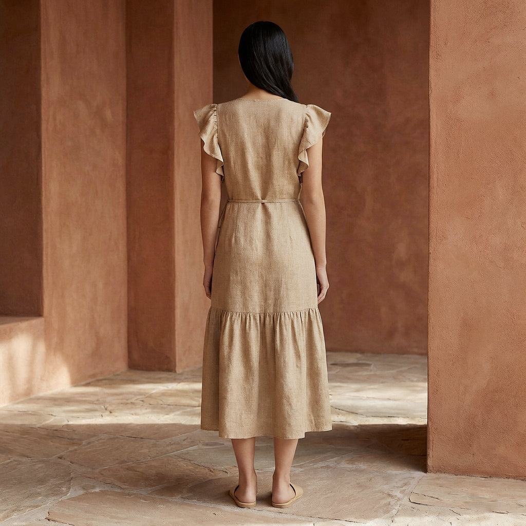 Beige Cotton Flax Ruffle Midi Wrap Dress