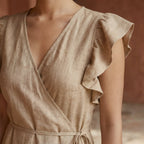 Beige Cotton Flax Ruffle Midi Wrap Dress