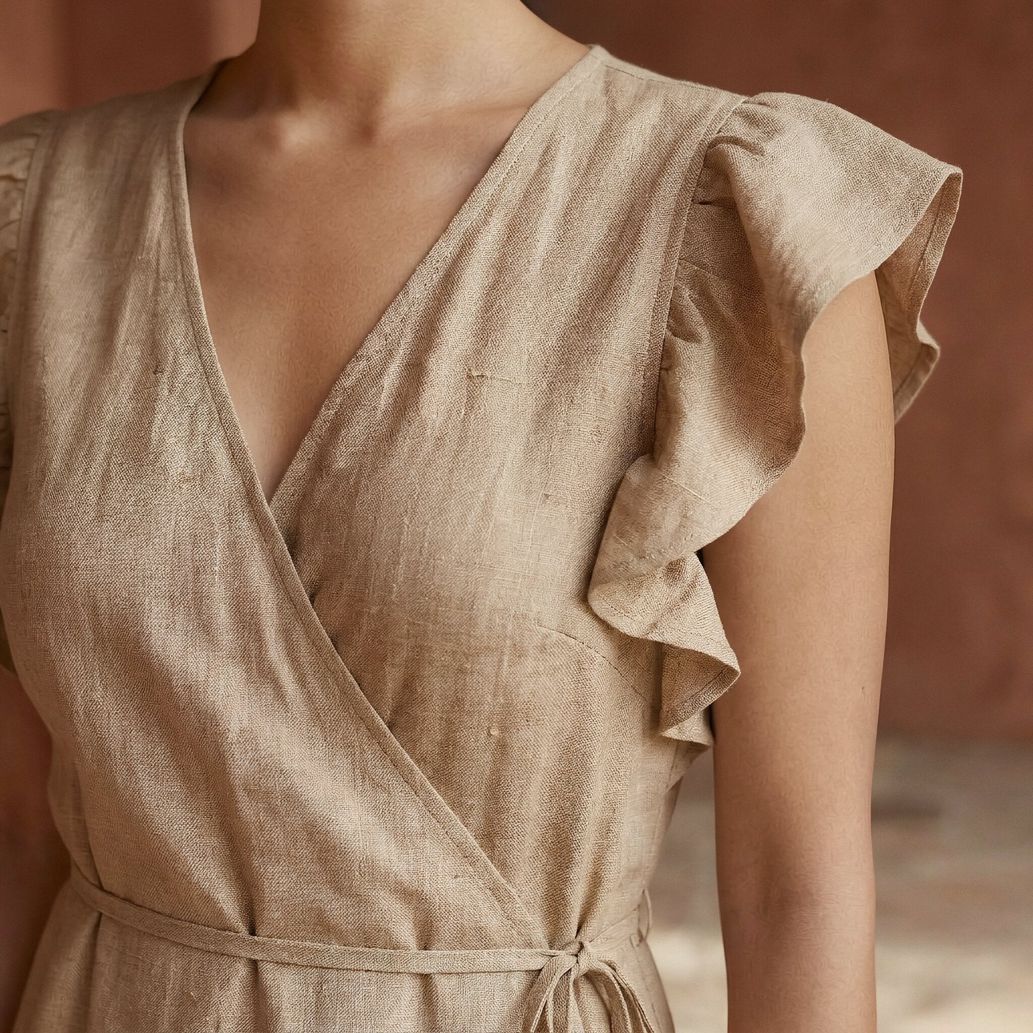 Beige Cotton Flax Ruffle Midi Wrap Dress