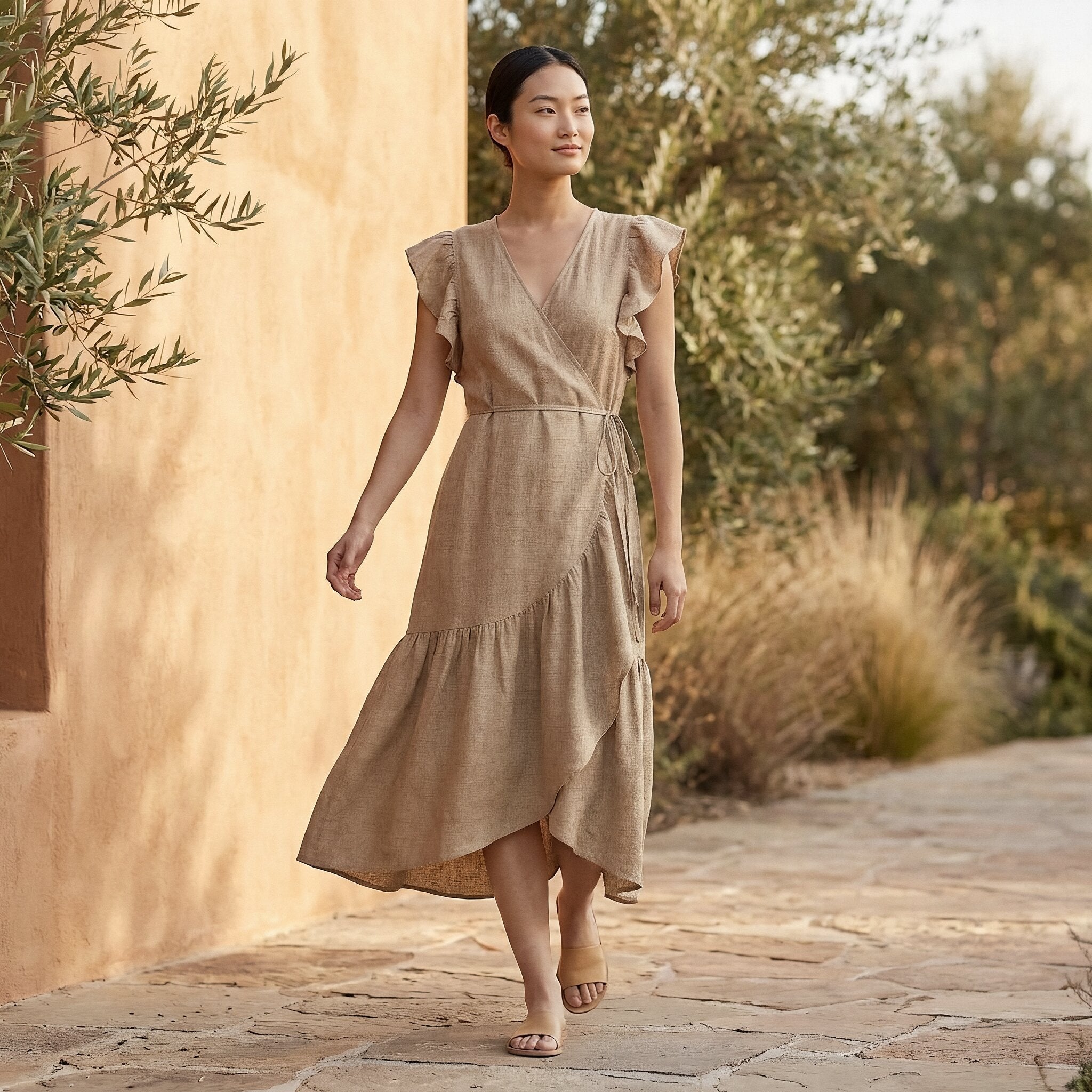 Beige Cotton Flax Ruffle Midi Wrap Dress